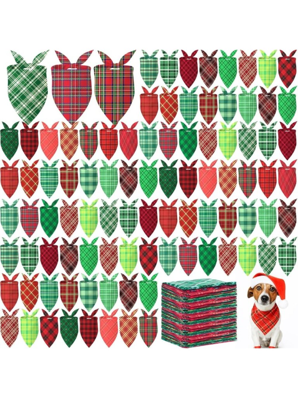 200 Pcs Christmas Plaid Dog Bandanas - Red & Green Gingham Pet Accessories